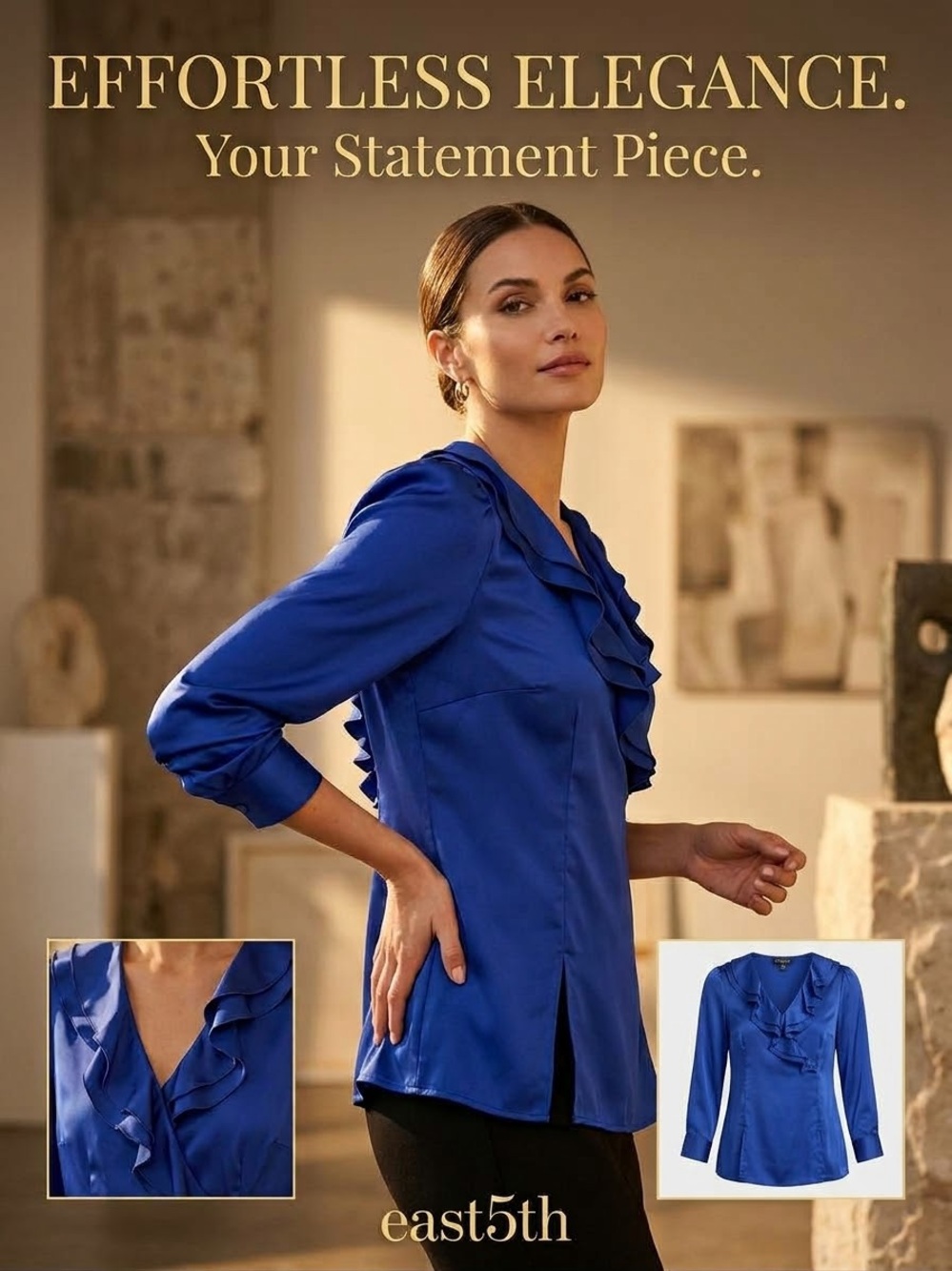 East 5th Royal Blue Ruffle Front Satin Blouse